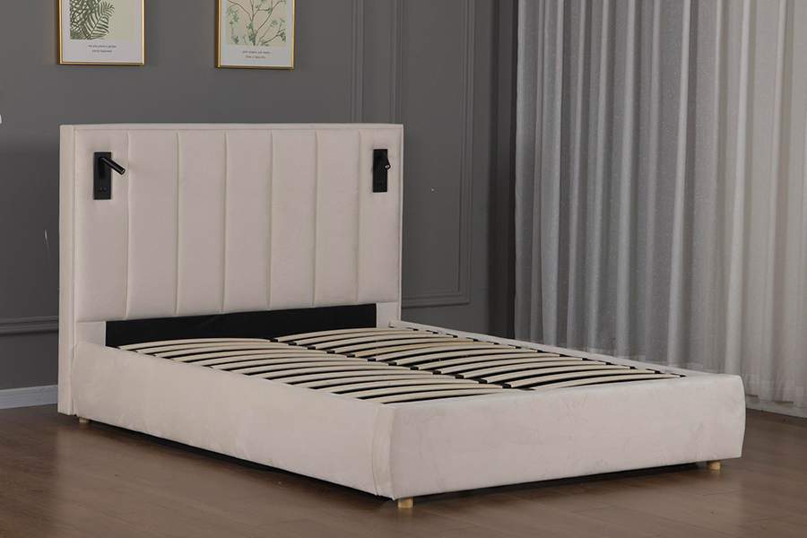 5033-1G Marco de cama tapizado LED de terciopelo beige suave moderno con almacenamiento hidráulico