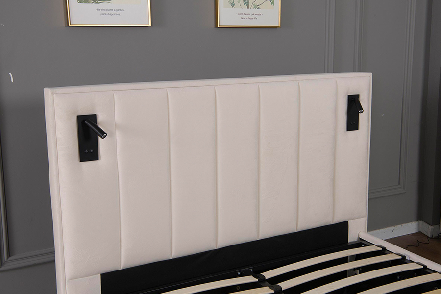 5033-1G Marco de cama tapizado LED de terciopelo beige suave moderno con almacenamiento hidráulico
