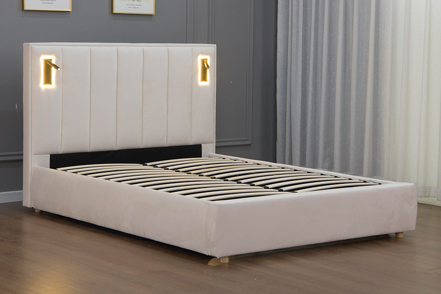 5033-1G Marco de cama tapizado LED de terciopelo beige suave moderno con almacenamiento hidráulico