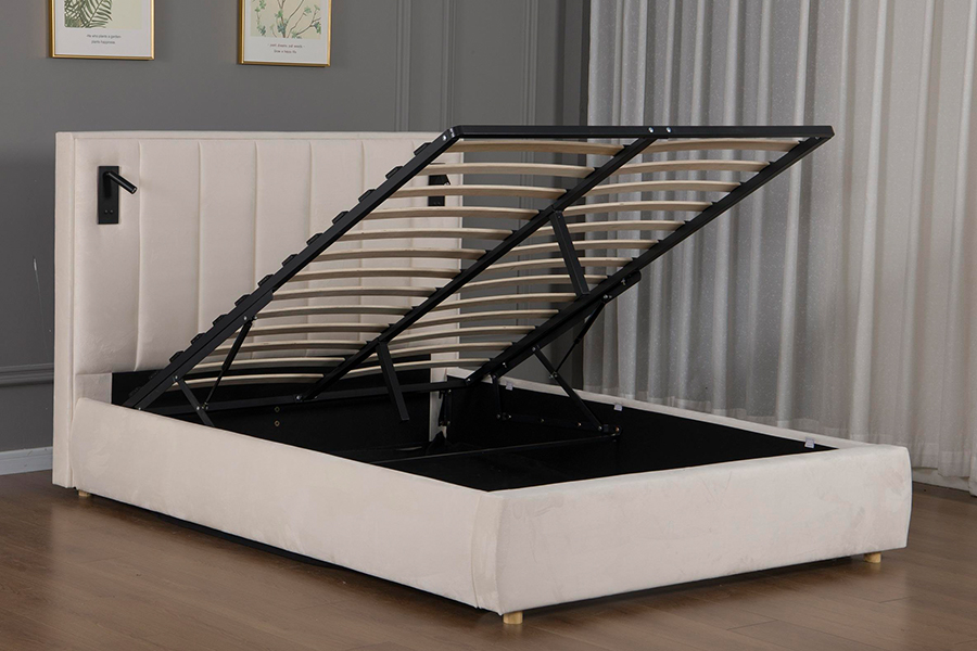 5033-1G Marco de cama tapizado LED de terciopelo beige suave moderno con almacenamiento hidráulico