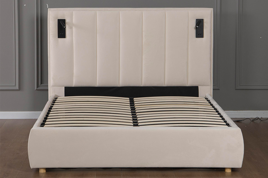 5033-1G Marco de cama tapizado LED de terciopelo beige suave moderno con almacenamiento hidráulico