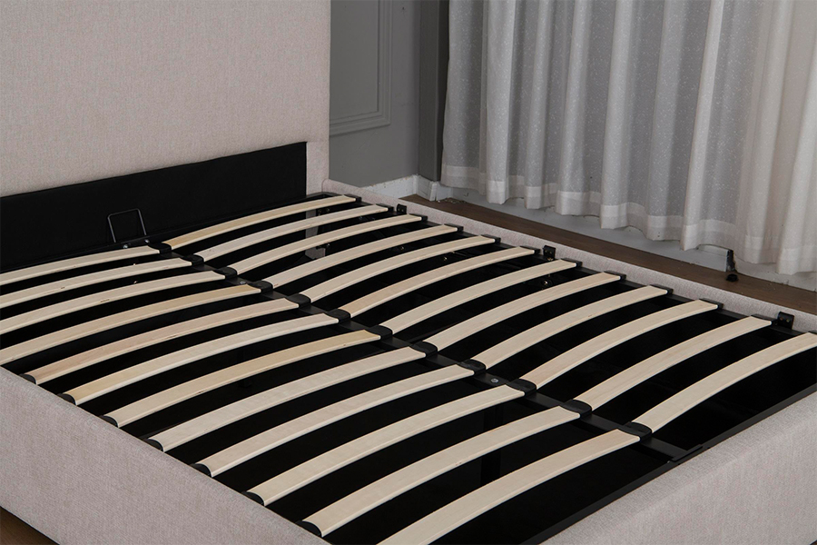 Marco de cama de almacenamiento hidráulico tapizado en tela beige moderna 5017G