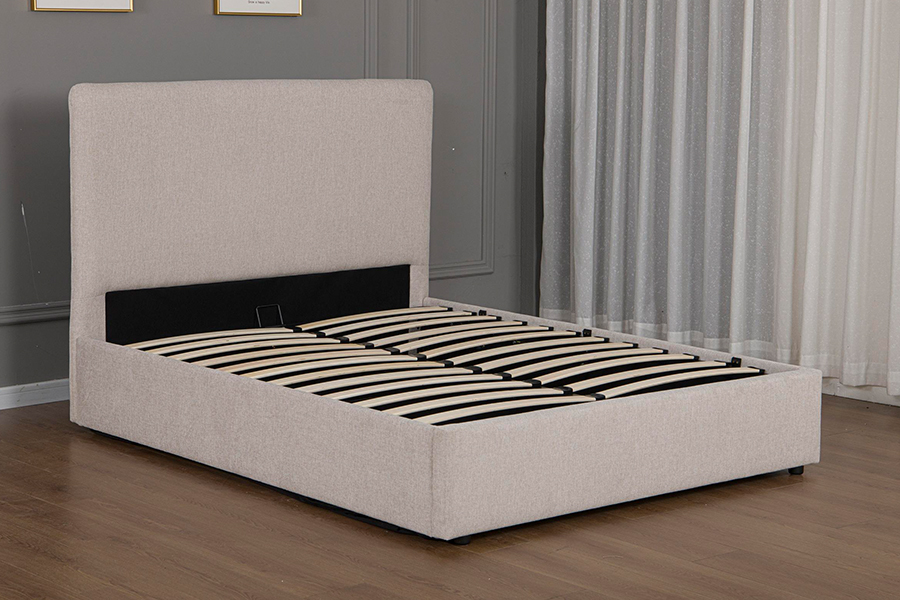 Marco de cama de almacenamiento hidráulico tapizado en tela beige moderna 5017G
