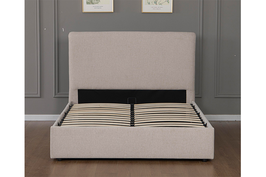 Marco de cama de almacenamiento hidráulico tapizado en tela beige moderna 5017G