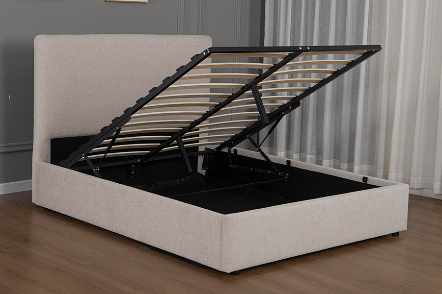 Marco de cama de almacenamiento hidráulico tapizado en tela beige moderna 5017G