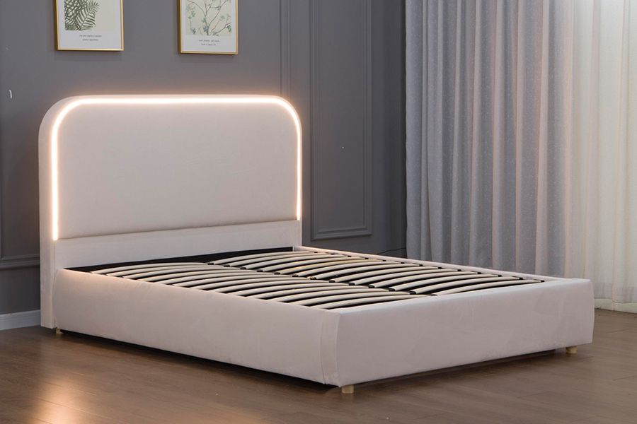 5032-1G Cabecero curvo de madera con estructura de cama tapizada con LED