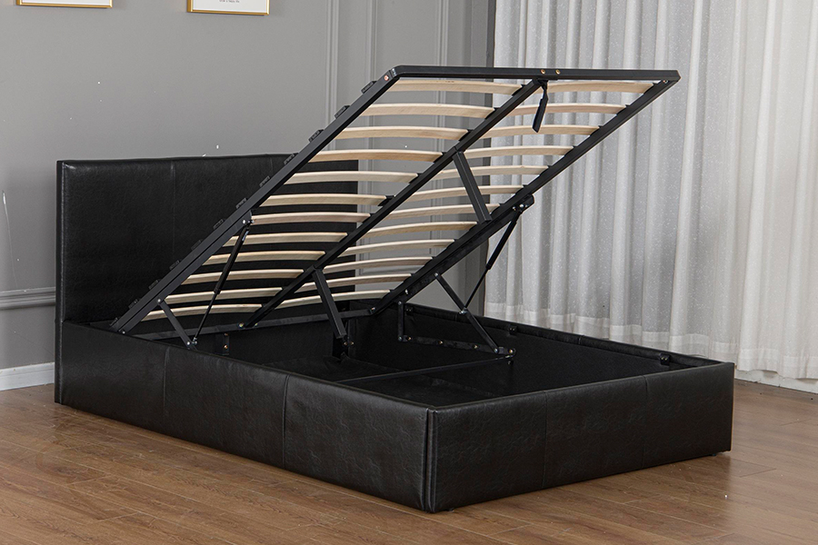 5030G Estructura de cama con almacenamiento tapizada en cuero sintético negro moderno