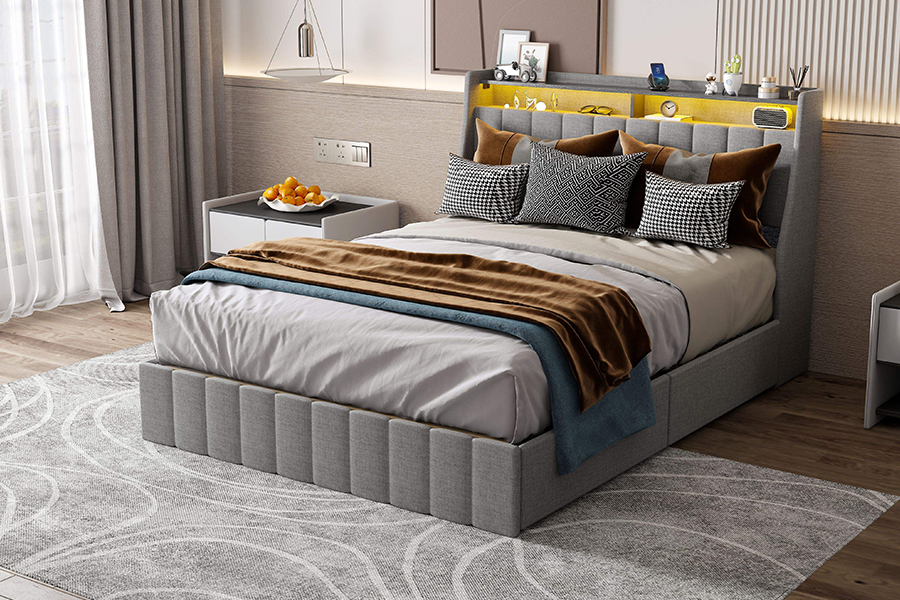 N2 Cama de tela gris Materiales ecológicos Marco de cama tapizado LED
