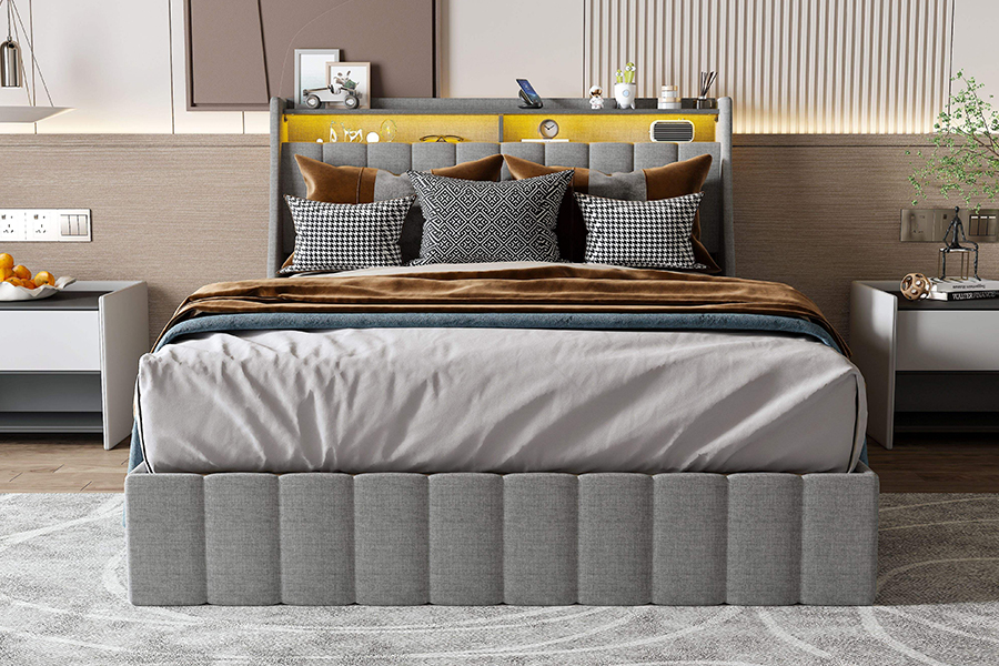 N2 Cama de tela gris Materiales ecológicos Marco de cama tapizado LED