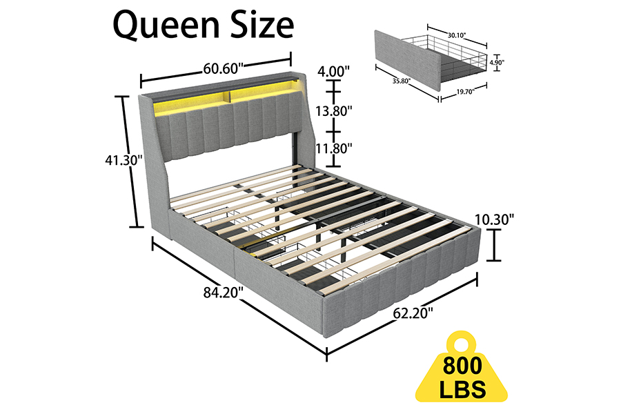 N2 Cama de tela gris Materiales ecológicos Marco de cama tapizado LED