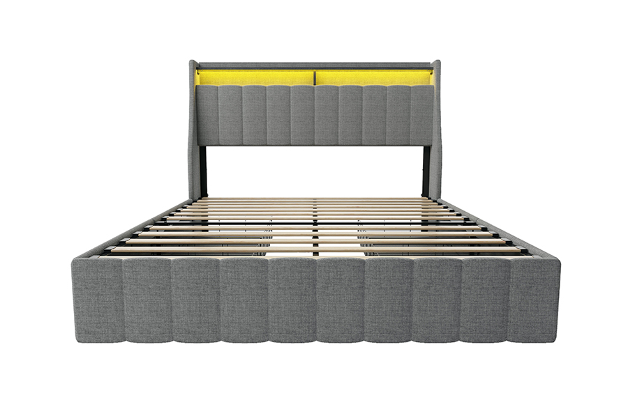 N2 Cama de tela gris Materiales ecológicos Marco de cama tapizado LED
