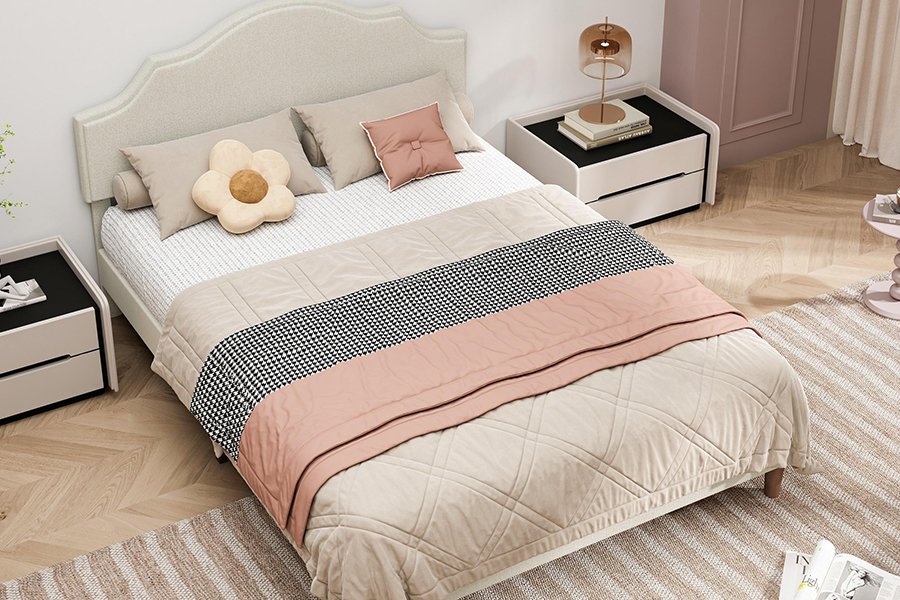 N21 Cama tapizada tamaño queen de tela beige de alta calidad