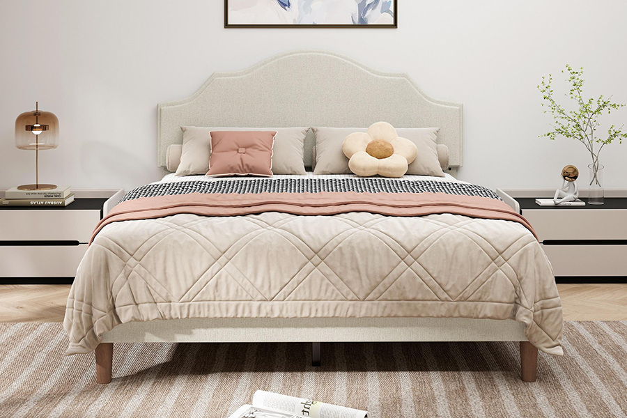 N21 Cama tapizada tamaño queen de tela beige de alta calidad