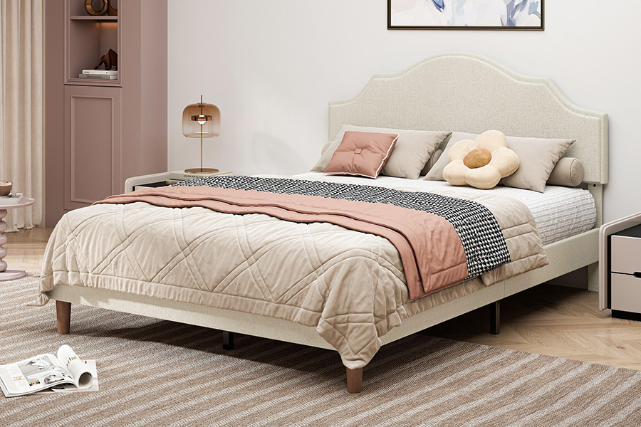 N21 Cama tapizada tamaño queen de tela beige de alta calidad