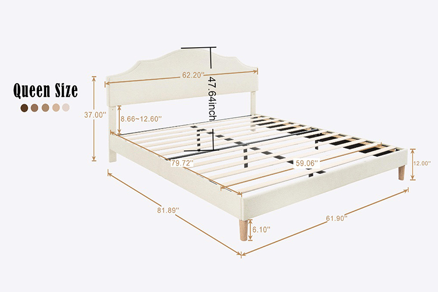 N21 Cama tapizada tamaño queen de tela beige de alta calidad