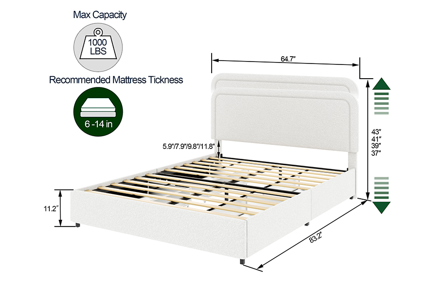 Cajones de almacenamiento de cama N3 Marcos de cama de almacenamiento tapizados duraderos