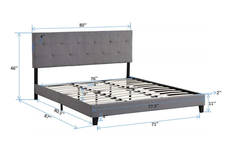 Cama tapizada con cabecera capitoné con botones de tela gris N7