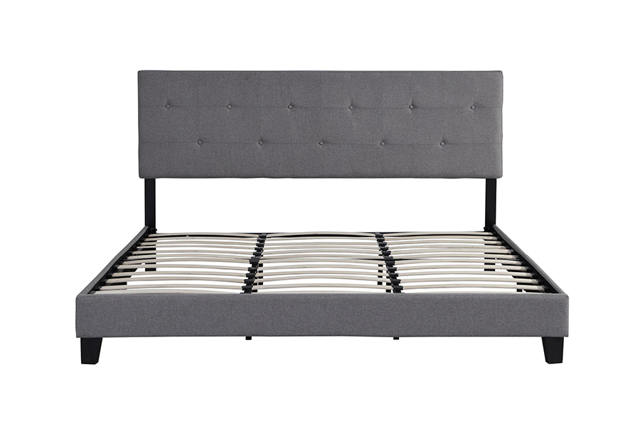 Cama tapizada con cabecera capitoné con botones de tela gris N7