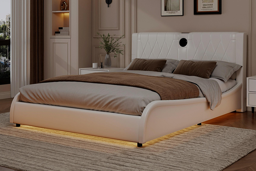 Cama con plataforma ajustable N8, cama suave blanca moderna, marco de cama tapizado con LED