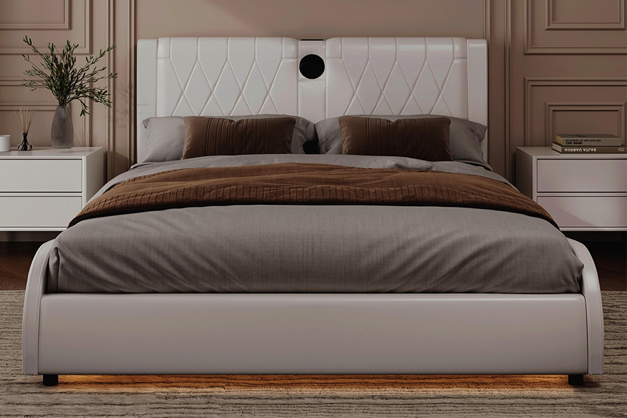 Cama con plataforma ajustable N8, cama suave blanca moderna, marco de cama tapizado con LED