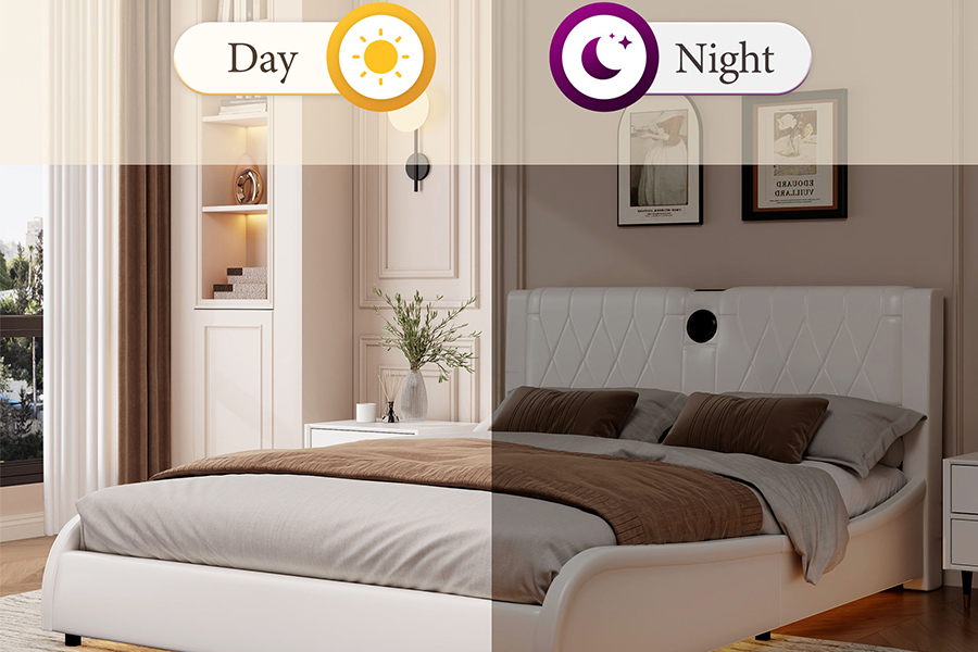 Cama con plataforma ajustable N8, cama suave blanca moderna, marco de cama tapizado con LED