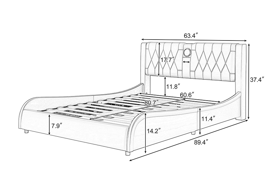 Cama con plataforma ajustable N8, cama suave blanca moderna, marco de cama tapizado con LED