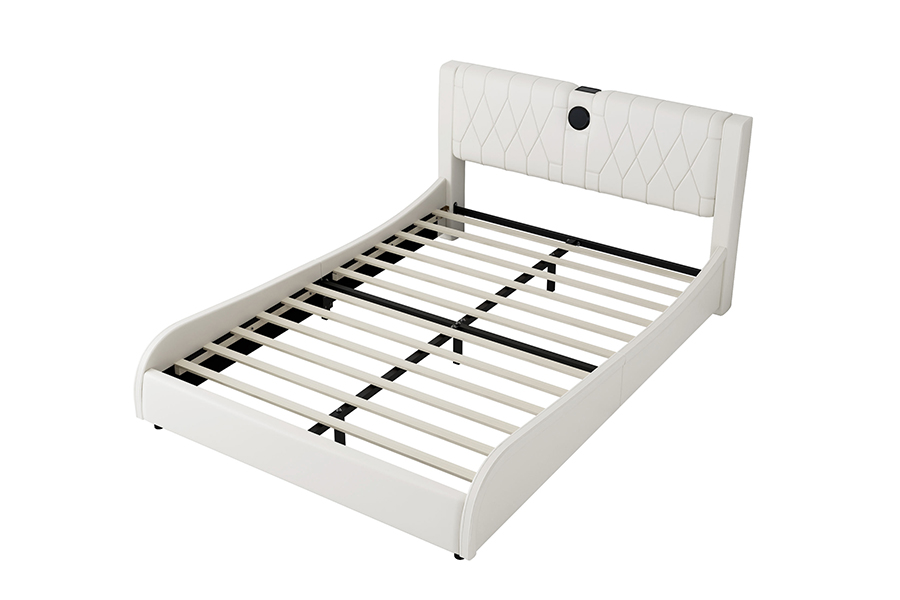 Cama con plataforma ajustable N8, cama suave blanca moderna, marco de cama tapizado con LED