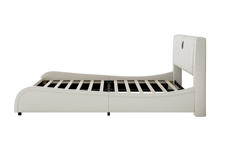 Cama con plataforma ajustable N8, cama suave blanca moderna, marco de cama tapizado con LED