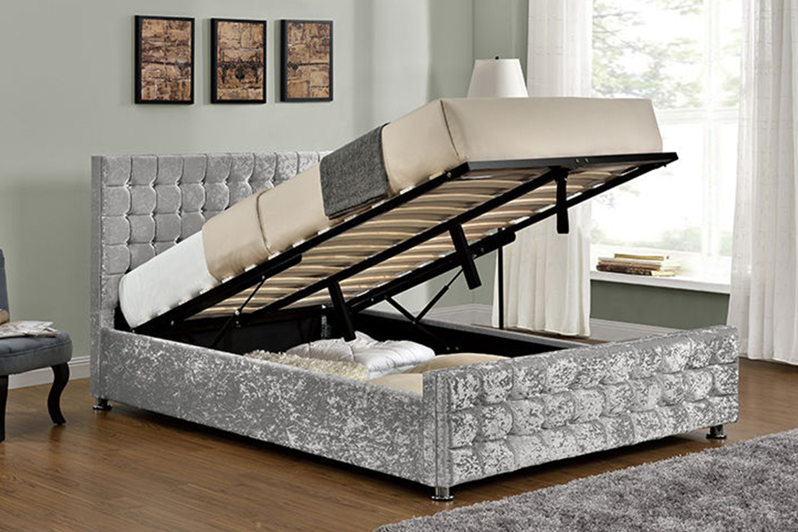 1150 Cama tapizada con estructura de madera de tela suave