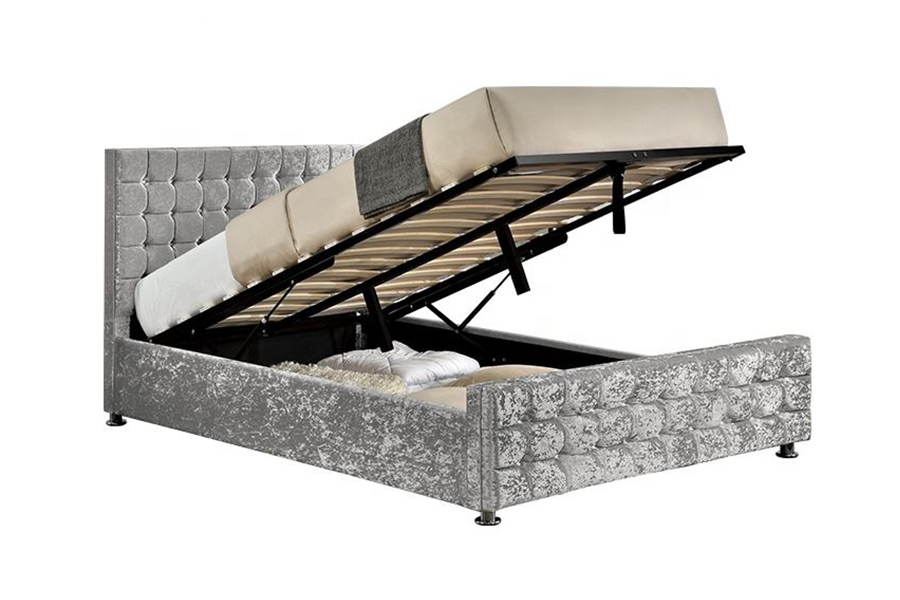 1150 Cama tapizada con estructura de madera de tela suave