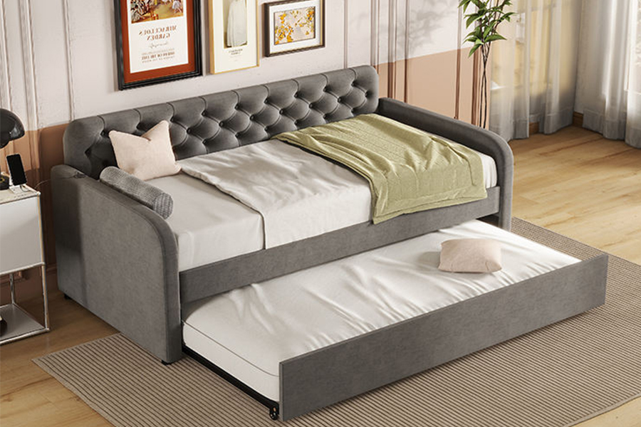 1323 Estructura de cama tapizada con litera nido, estructura suave y de madera