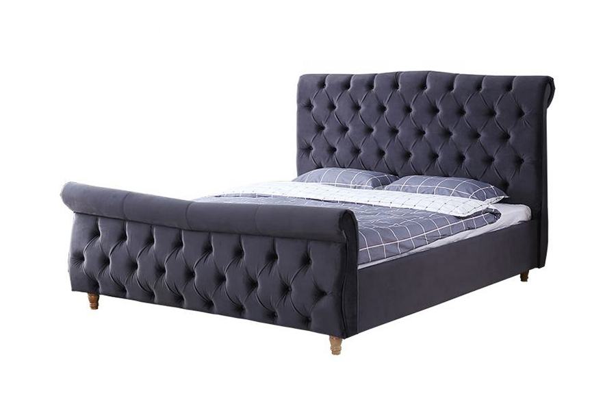 Cama tapizada con estructura de madera tapizada en tela de terciopelo 1304