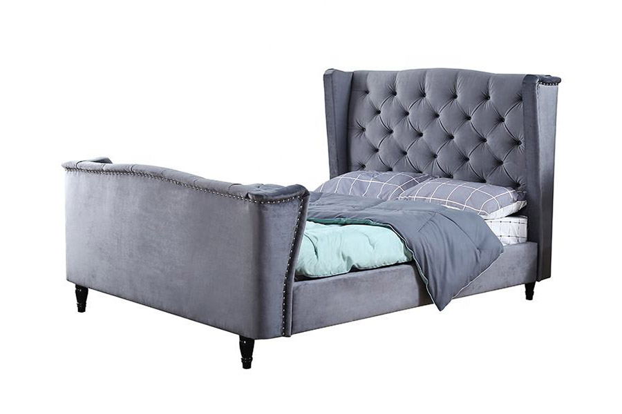 Cama tapizada con botones y respaldo de tela de terciopelo 1399