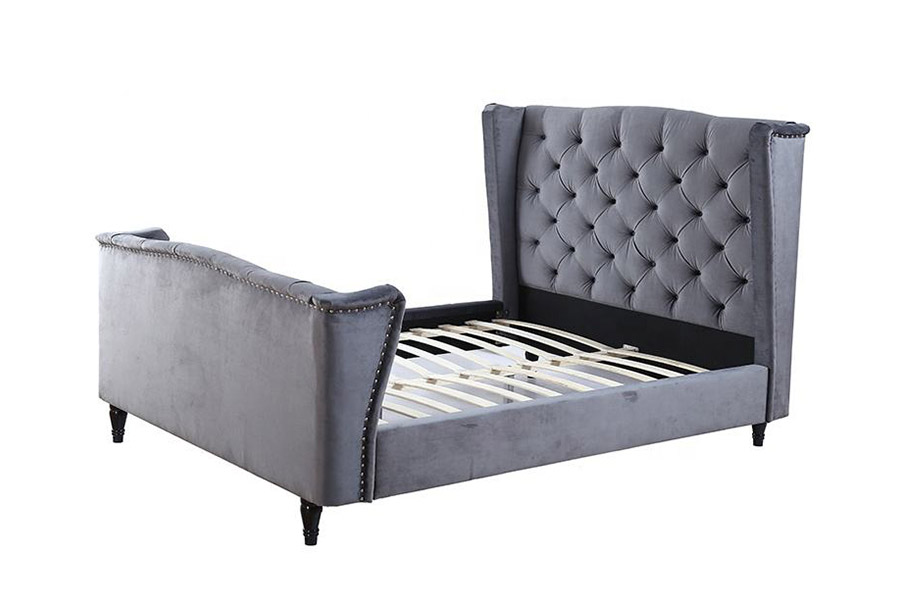 Cama tapizada con botones y respaldo de tela de terciopelo 1399