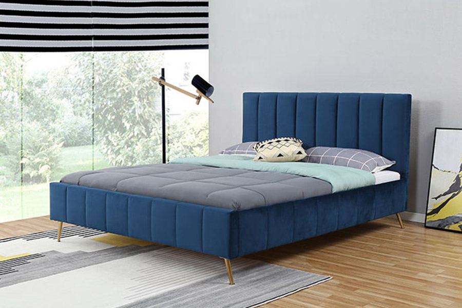 1382 Cama doble de estilo moderno cama tapizada de madera maciza
