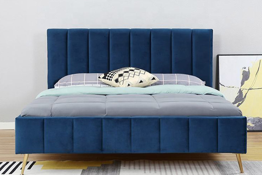 1382 Cama doble de estilo moderno cama tapizada de madera maciza