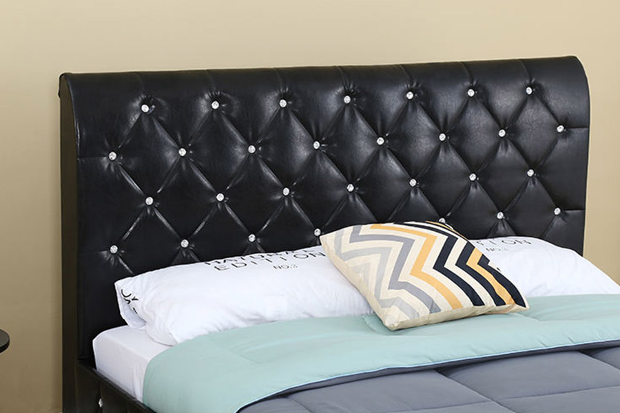 1367 Cama tapizada con cabecero de poliuretano suave de cuero negro
