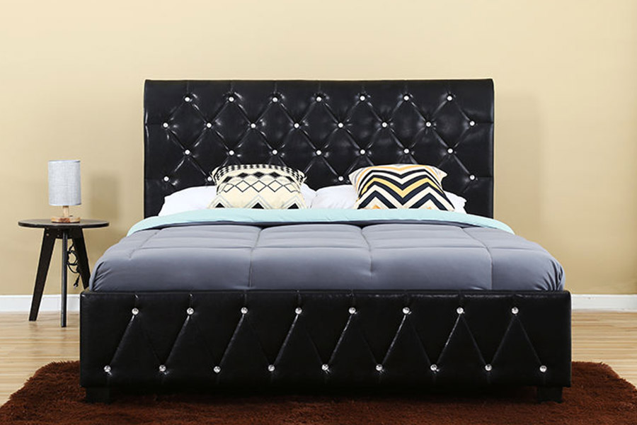 1367 Cama tapizada con cabecero de poliuretano suave de cuero negro