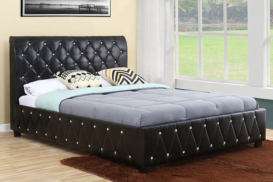 1367 Cama tapizada con cabecero de poliuretano suave de cuero negro