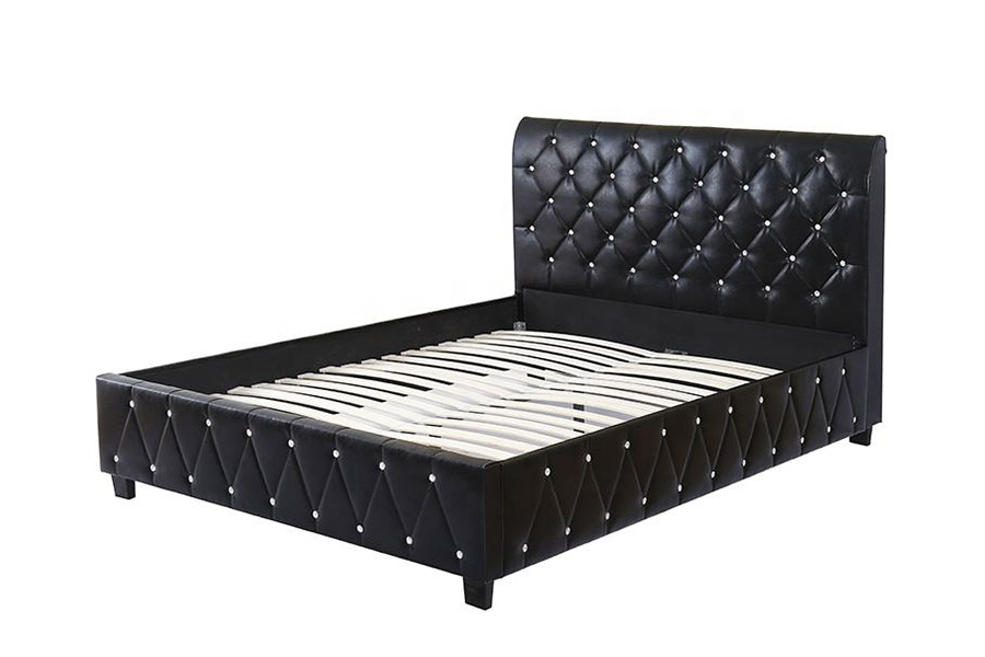 1367 Cama tapizada con cabecero de poliuretano suave de cuero negro