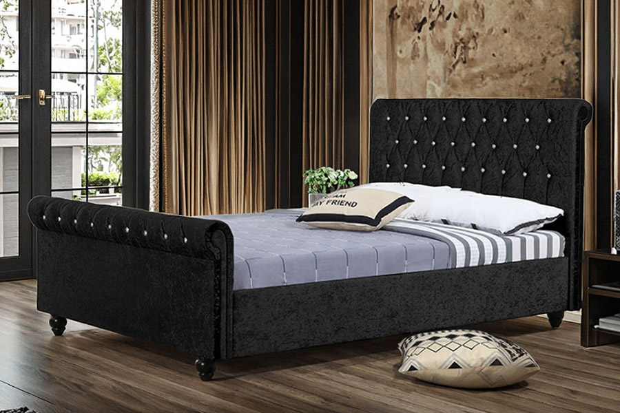 1366 Cama Trineo Moderna Cama Tapizada En Tela De Terciopelo