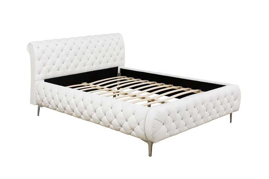 1586 Cama tapizada con marco de madera suave de cuero PU blanco