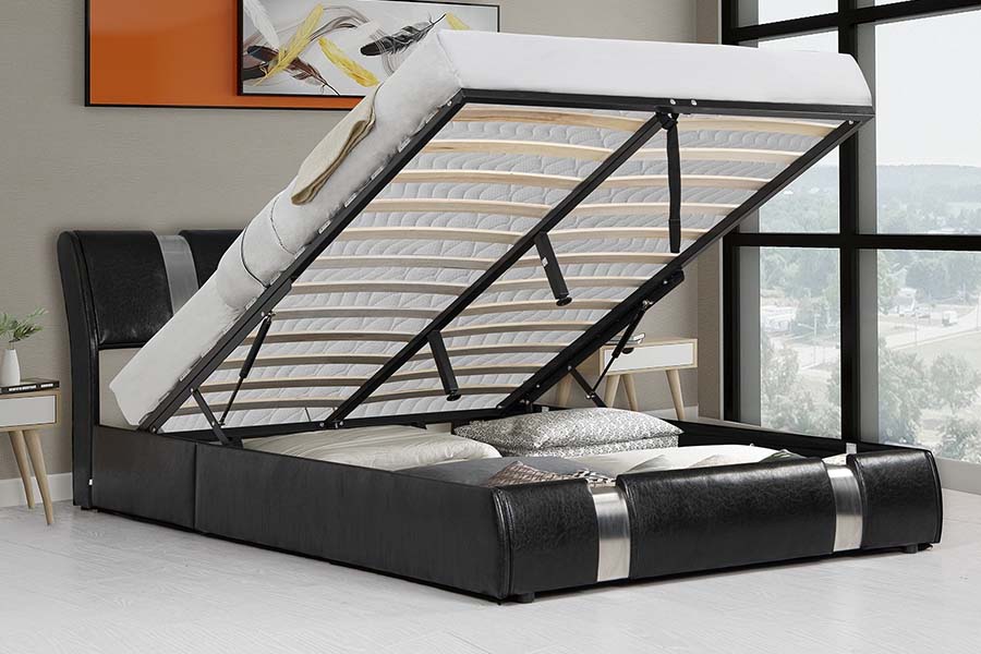 1715 Estructura de cama tapizada de piel sintética suave con estructura de madera