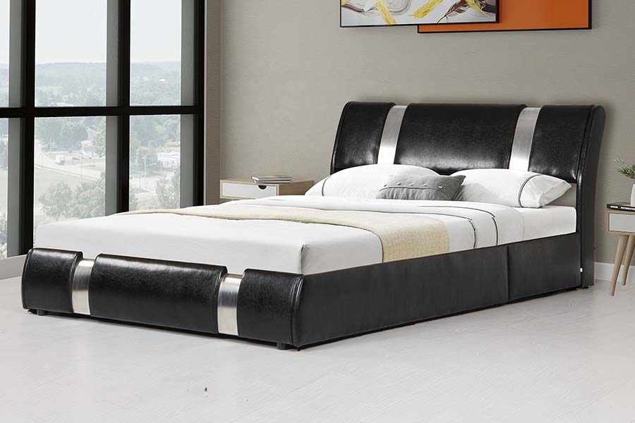 1715 Estructura de cama tapizada de piel sintética suave con estructura de madera