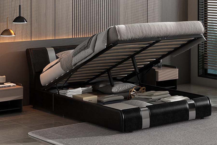 1715 Estructura de cama tapizada de piel sintética suave con estructura de madera