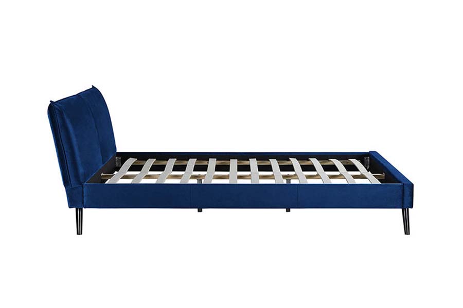 1494 Cama tamaño queen con patas de madera, cabecera suave azul, cama tapizada