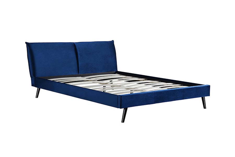 1494 Cama tamaño queen con patas de madera, cabecera suave azul, cama tapizada