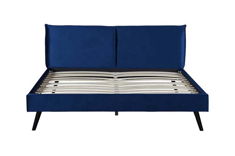 1494 Cama tamaño queen con patas de madera, cabecera suave azul, cama tapizada