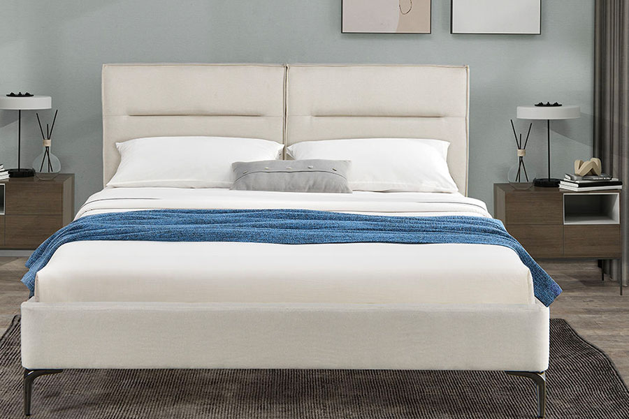 4266 Cama tapizada en lino beige con cabecera y cremallera