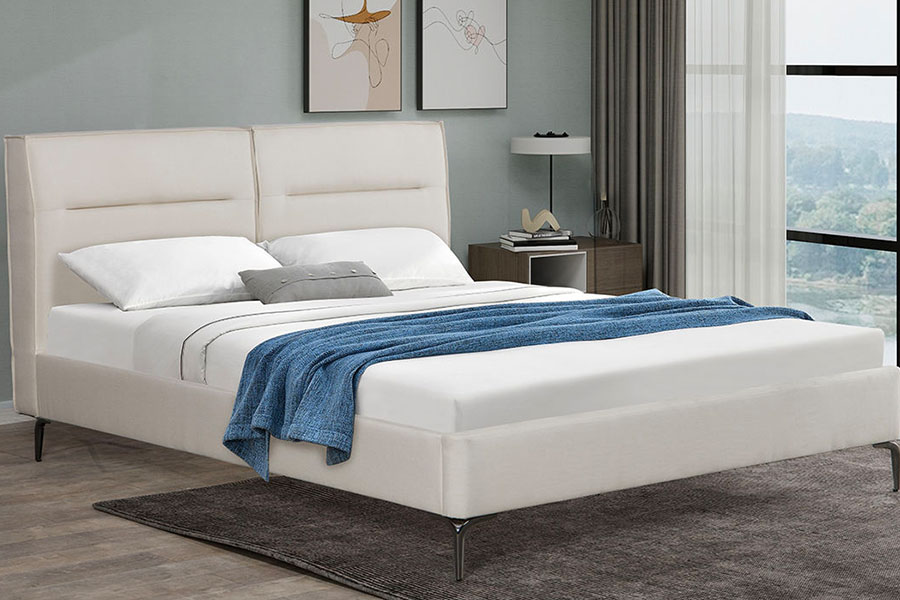 4266 Cama tapizada en lino beige con cabecera y cremallera